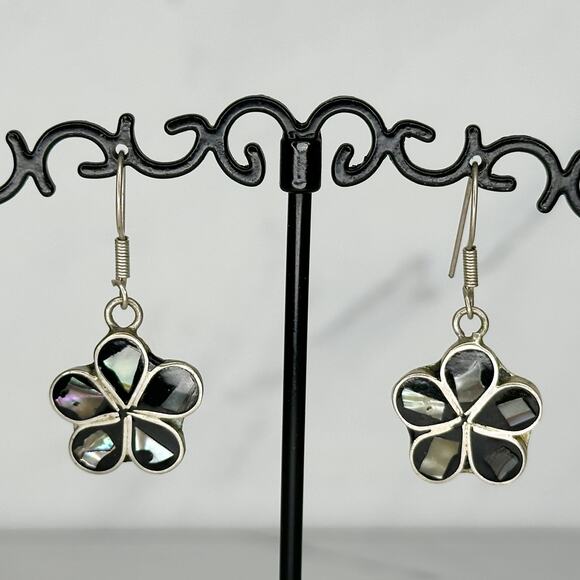 Vintage Silver Abalone Shell Black Inlay Flower Dangle Earrings Boho ✨ - Picture 1 of 8